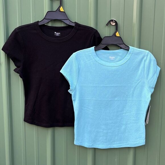 No Boundaries Tops - Women’s Waffle Shirt Sleeve Fitted T-Shirts 2-Pack Size L